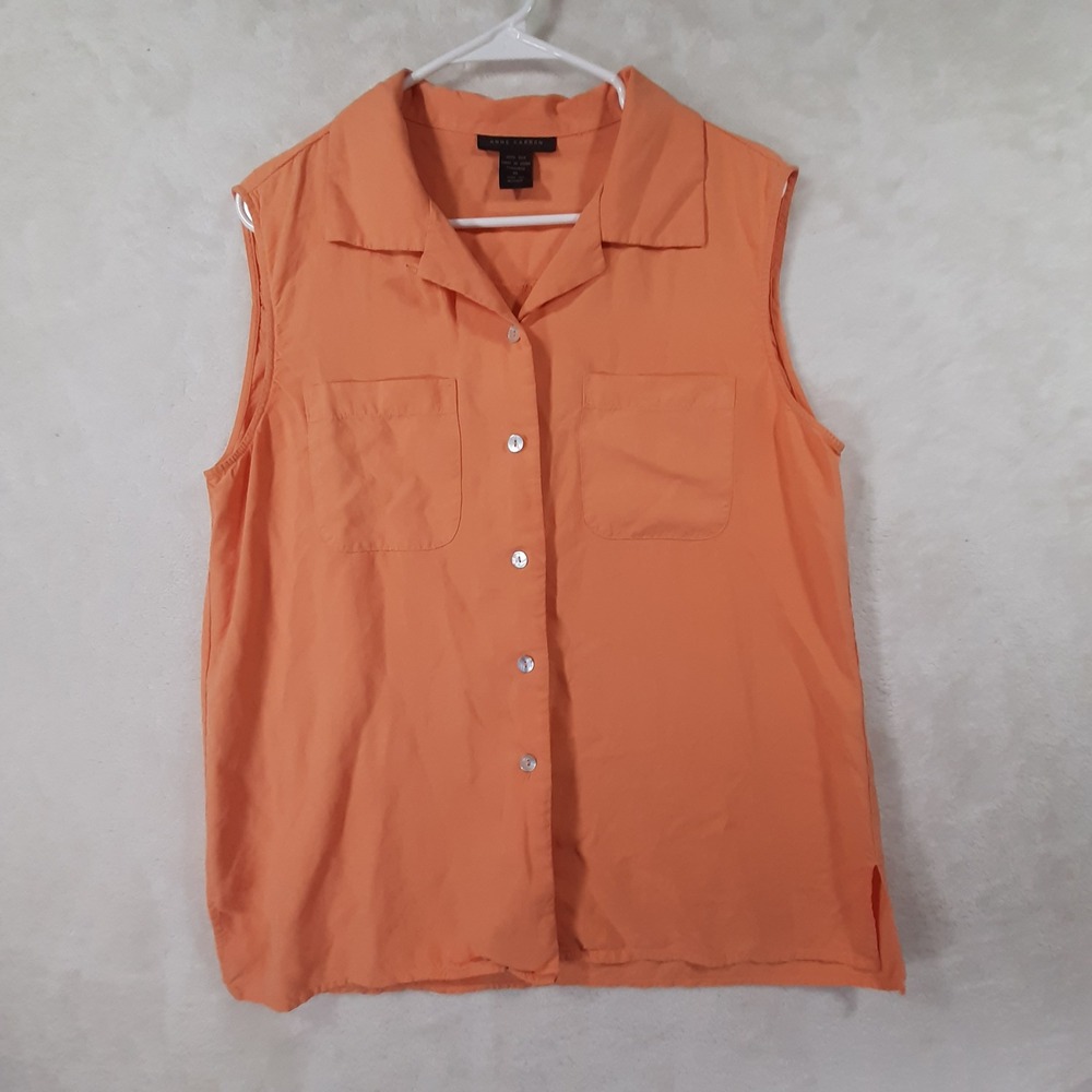 Anne Carson Womens XL Orange 100% Silk Sleeveless Button Down Shirt‎ Pocket Top